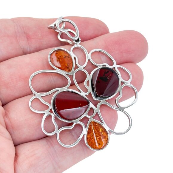 Vintage SML Sterling Silver 925 7cm Multi-Tone Amber Teardrop Pendant - Picture 1 of 7